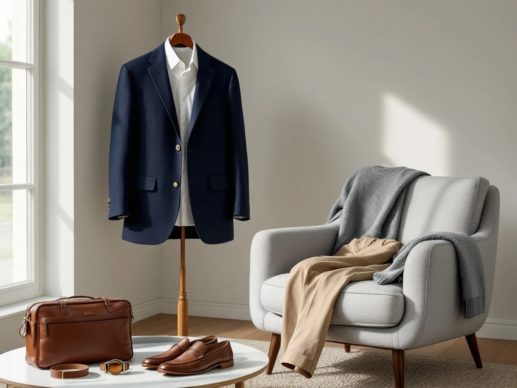 Zakelijke casual kleding in een lichte kamer: navy blazer, wit shirt, zandkleurige chino's, bruine loafers, grijze trui, leren tas en accessoires.