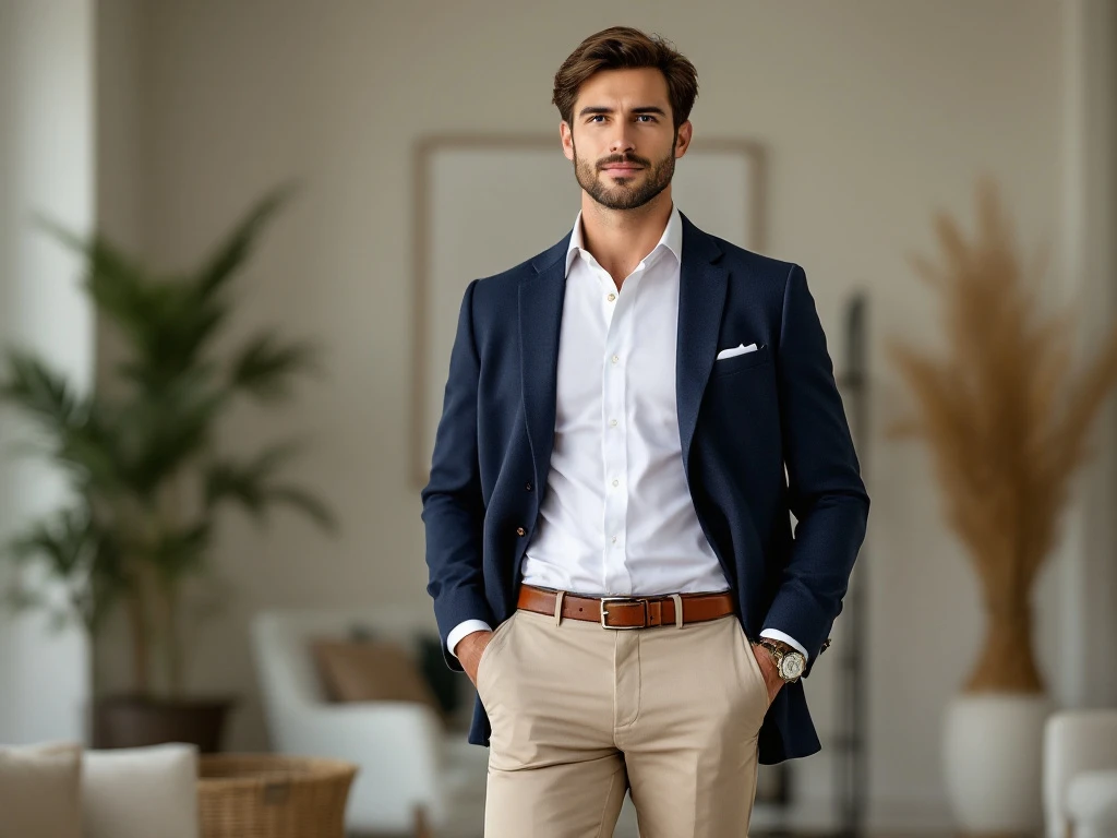 Man in een stijlvolle kamer draagt een navy blazer, witte shirt en beige chino's, met bruine leren accessoires, straalt business casual uit.