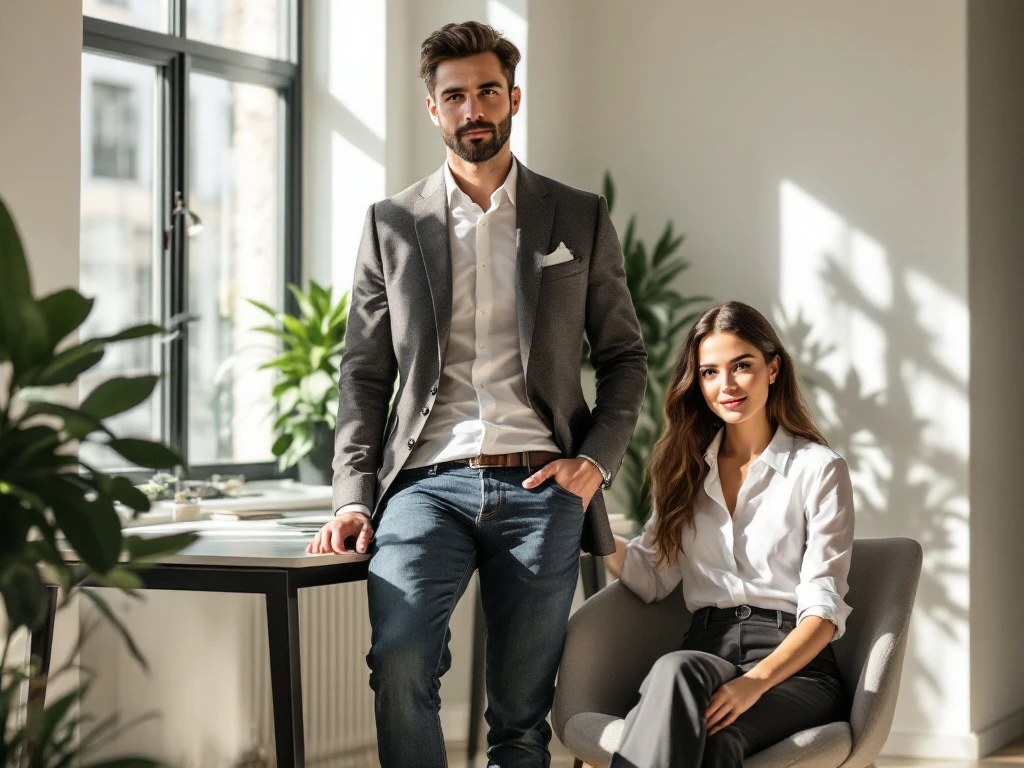Man in smart-casual outfit naast vrouw in zakelijke casual kleding in een moderne, zonovergoten kantoorruimte met minimalistisch decor.