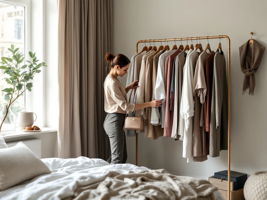 Stijlvolle slaapkamer met een personal stylist die een kledingkast organiseert. Zonlicht verlicht de neutrale ruimte vol modieuze details.