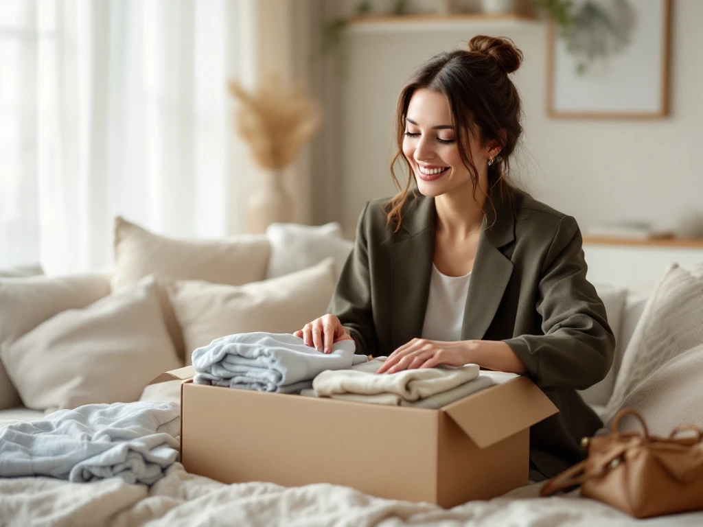 Vrouw pakt kleding uit House of Einstein uit in stijlvolle woonkamer, omringd door elegante kledingstukken en minimalistische inrichting.
