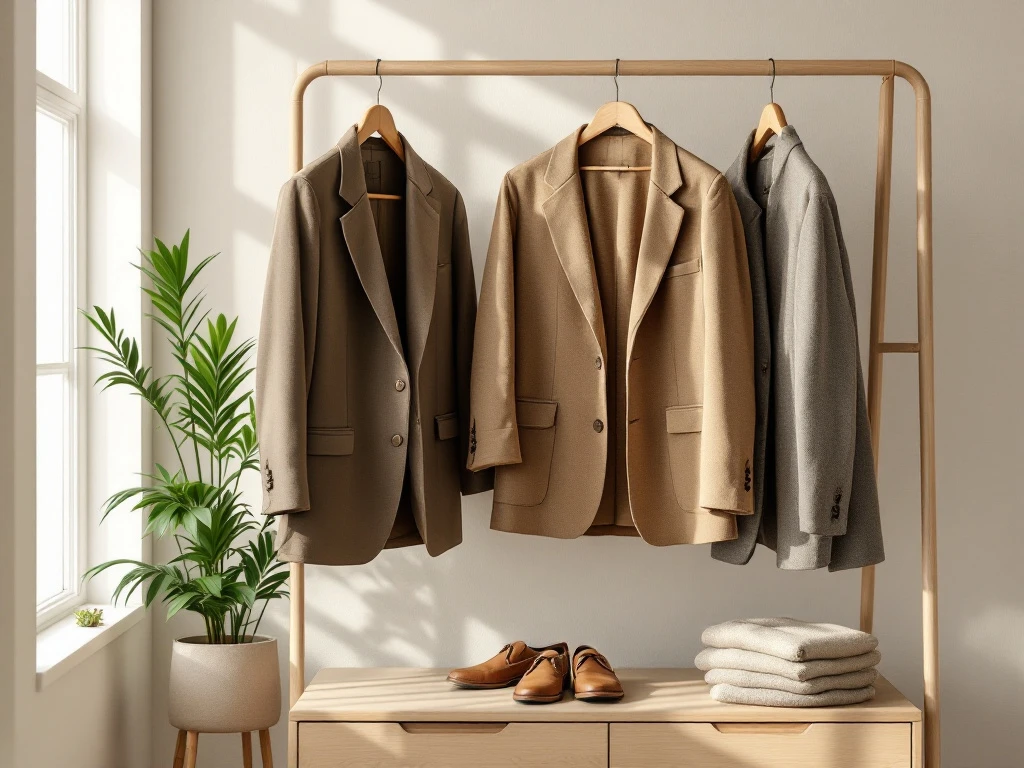 Duurzame herenkleding op houten rek: linnen blazer, katoenen overhemd, wollen broek en handgemaakte leren schoenen tegen groene plantenwand.