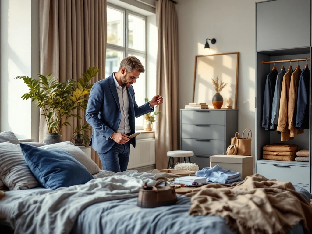 Man bekijkt House of Einstein kledingbox, houdt marineblauw colbert omhoog terwijl business casual items verspreid liggen op bed in zonnig appartement.