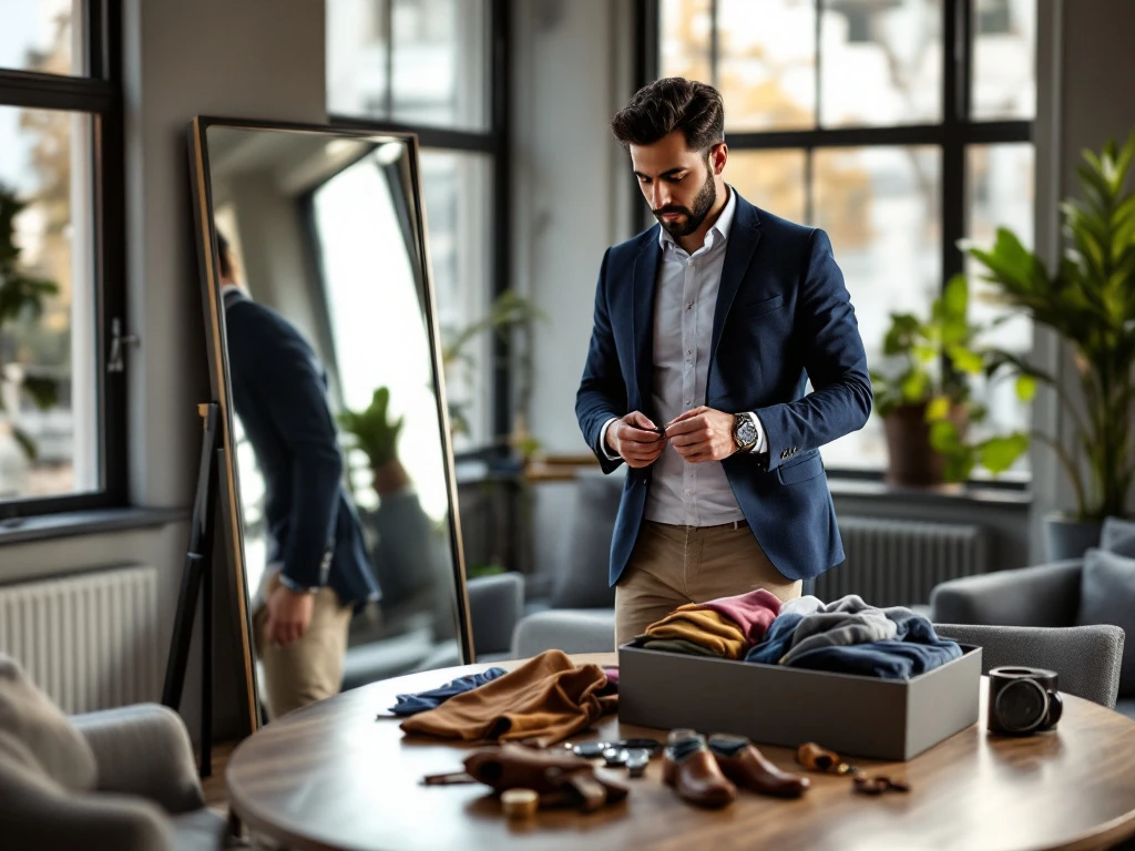 Man van Midden-Oosterse afkomst stileert zakelijke outfit uit House of Einstein kledingbox met accessoires in modern appartement met ochtendlicht.