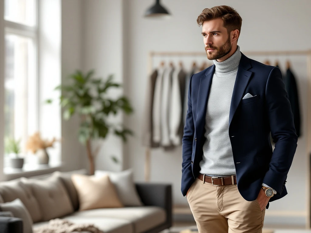 Stijlvolle man in navy blazer pakt premium House of Einstein kledingbox uit in moderne loft met natuurlijk licht en trendy accessoires.