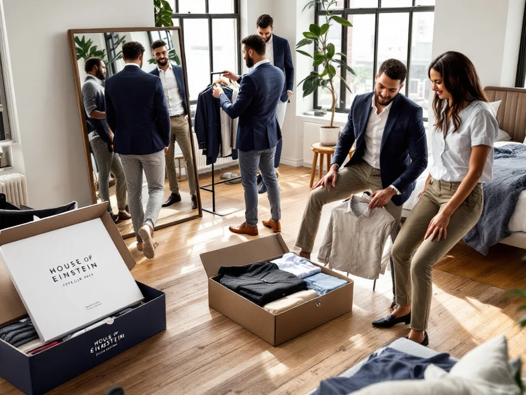 Professionals in een zonverlichte loft verkennen zakelijke casual outfits, inclusief een openstaande stylingbox van House of Einstein.