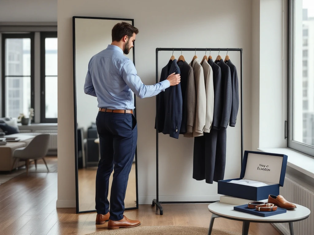 Man in zakelijke kleding past zijn overhemd aan voor spiegel in stijlvol appartement met House of Einstein kledingbox en accessoires.