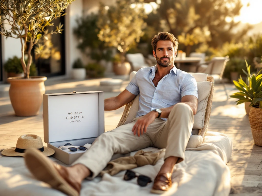 Man in linnen zomerkleding van House of Einstein ontspant op Mediterraans terras met open kledingbox vol zomeressentials in avondlicht.