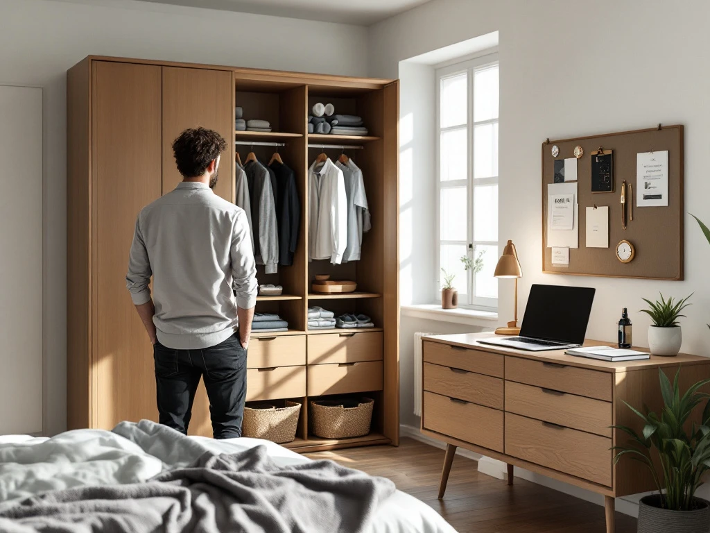 Man in modern appartement met capsule garderobe, House of Einstein kledingbox op bed en stijlvol georganiseerde accessoires in lichtgevulde ruimte.