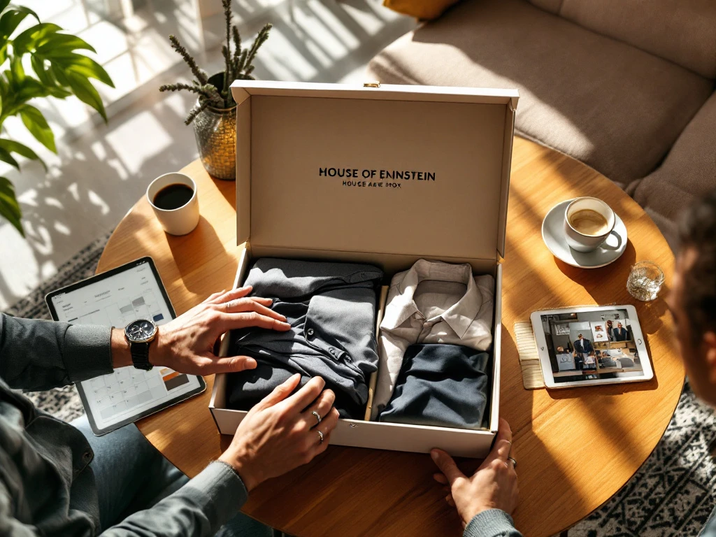 Twee diverse handen sorteren premium zakelijke kleding uit een stijlvolle House of Einstein box in een zonnig appartement, omringd door tijdbesparende elementen.