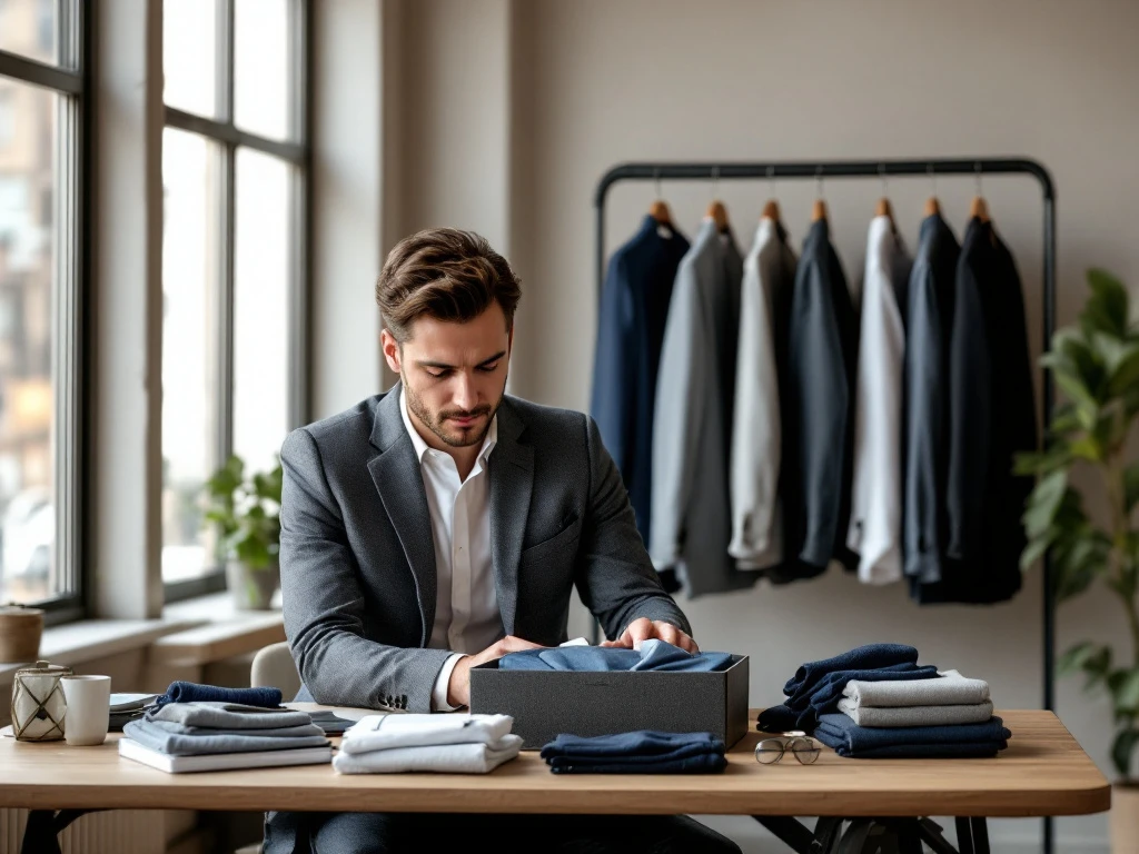 Professionele man bekijkt tevreden zijn House of Einstein kledingbox in lichte loft; houdt overhemd vast tussen business casual items en capsulegarderobe.
