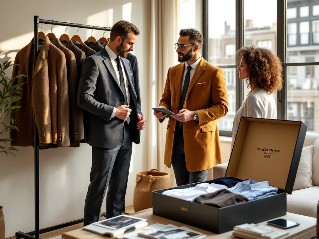 Man bekijkt luxe blazer met personal shopper in stijlvol appartement met House of Einstein kledingbox en business casual collectie in aardetinten.