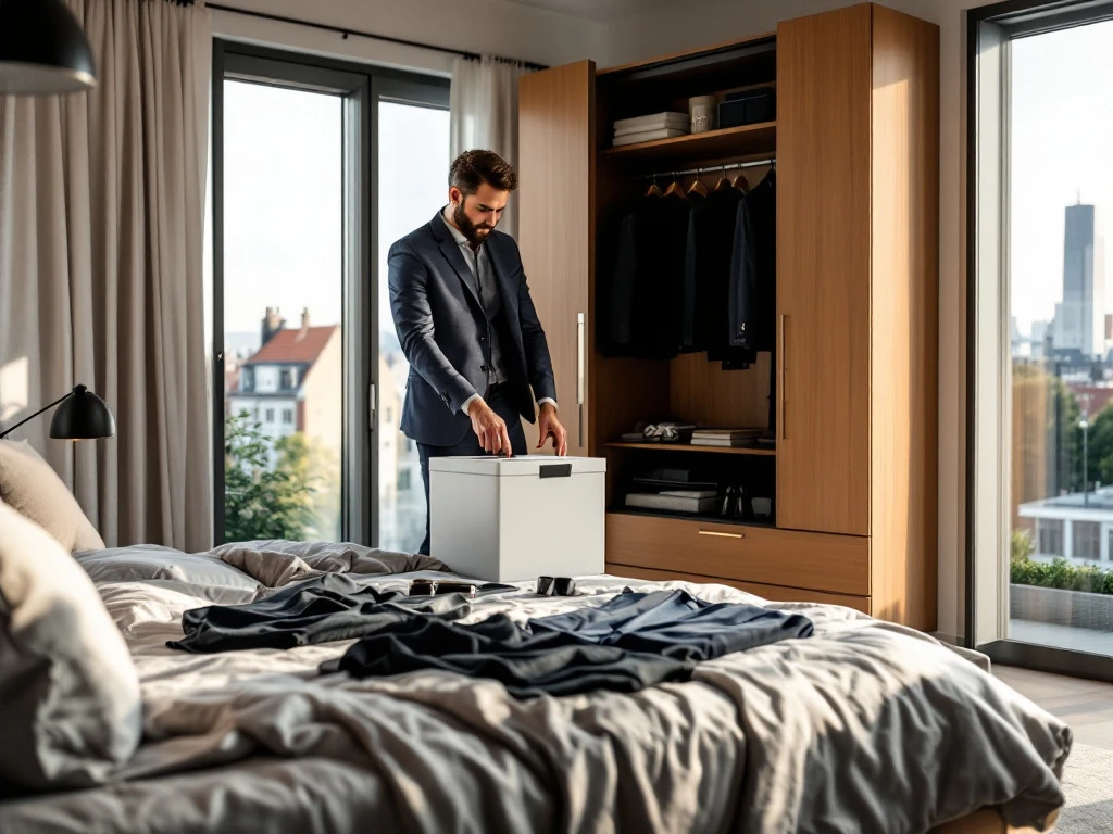 Man pakt House of Einstein kledingbox uit in modern appartement met designbed waarop blazer, overhemden en accessoires liggen naast digitale stijlplanner.
