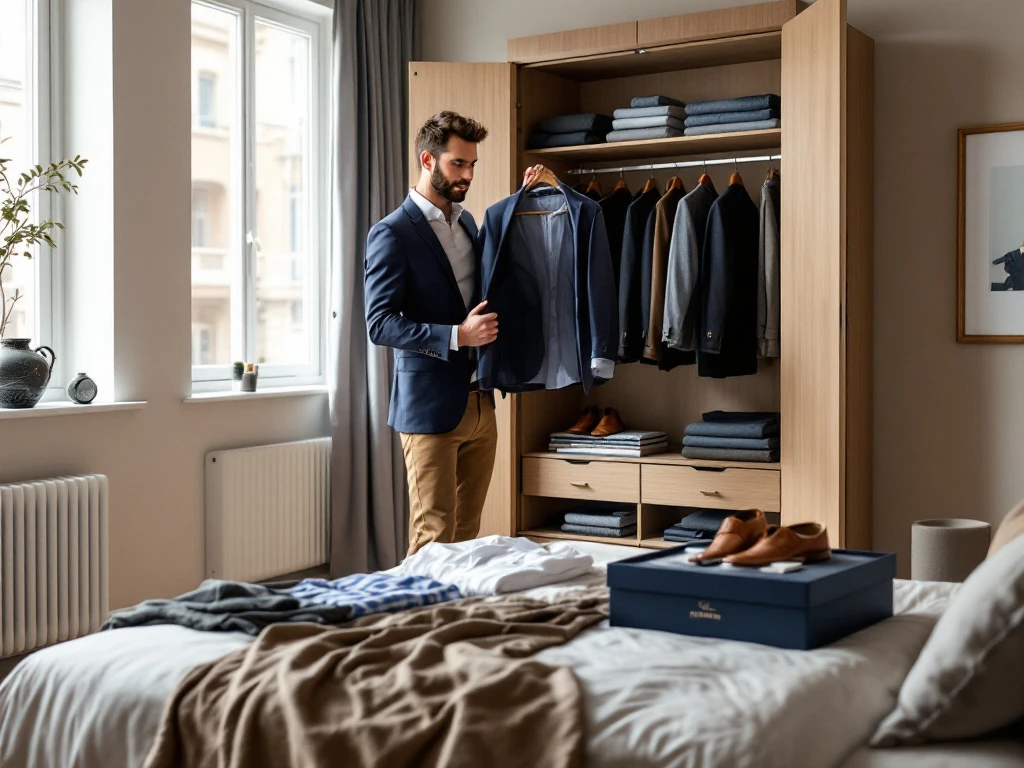 Man in modern appartement selecteert marineblauwe blazer bij wit overhemd en chino uit zijn georganiseerde garderobe. House of Einstein kledingbox staat open.