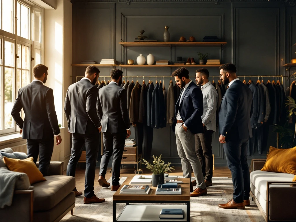 Elegante herenboetiek met business- en smart-casual collecties waar diverse mannen kledingstijlen vergelijken in warm middaglicht.