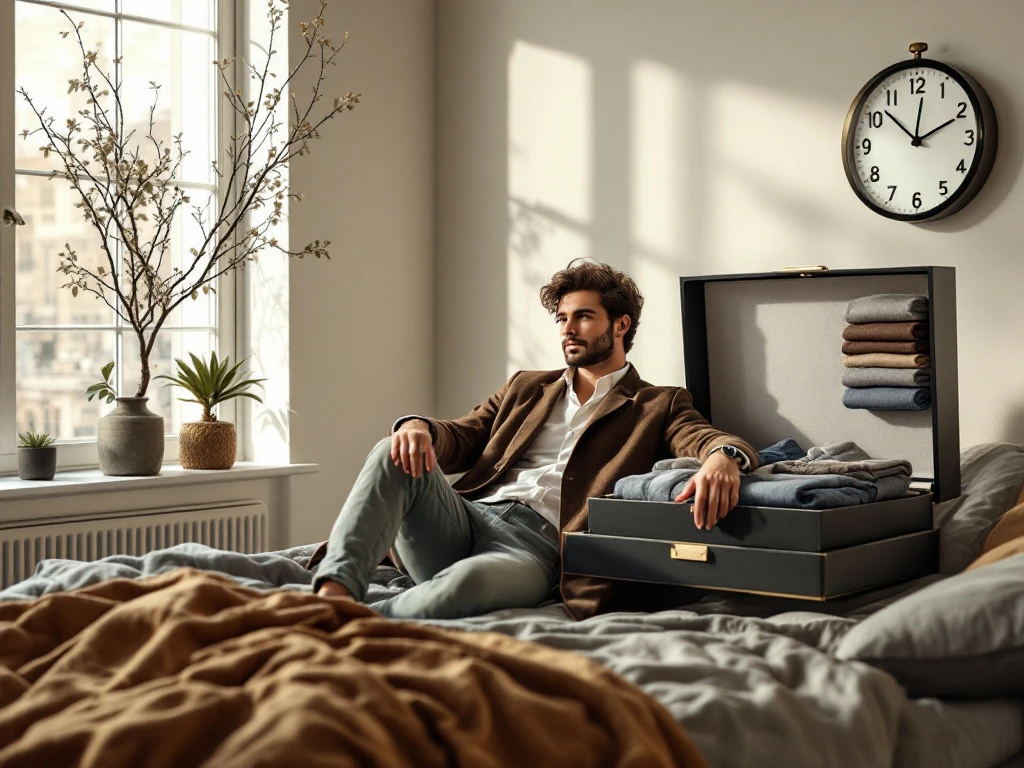Jonge man staat naast House of Einstein kledingbox in stijlvol loft-appartement, houdt een overhemd vast terwijl andere kledingstukken op het bed liggen uitgestald.
