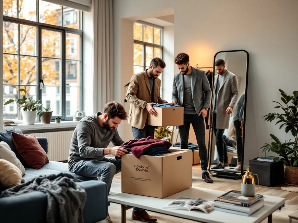 Drie diverse mannen in modern appartement die House of Einstein kledingboxen uitpakken, organiseren en stylen bij warm natuurlijk licht door grote ramen.