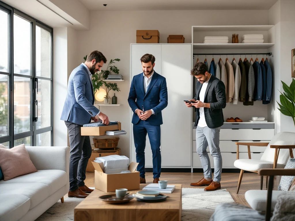 Drie mannen pakken een House of Einstein kledingbox uit in een moderne woonkamer, sorteren business casual overhemden, een blazer en loafers in zacht namiddaglicht.
