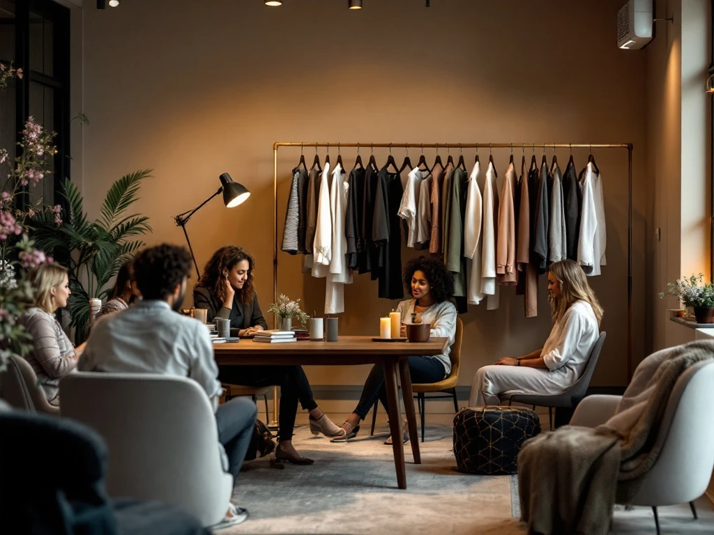Stylist presenteert premium kledingstukken uit House of Einstein box aan diverse groep in sfeervolle woonkamer met styling-elementen en outfits op kledingrail.