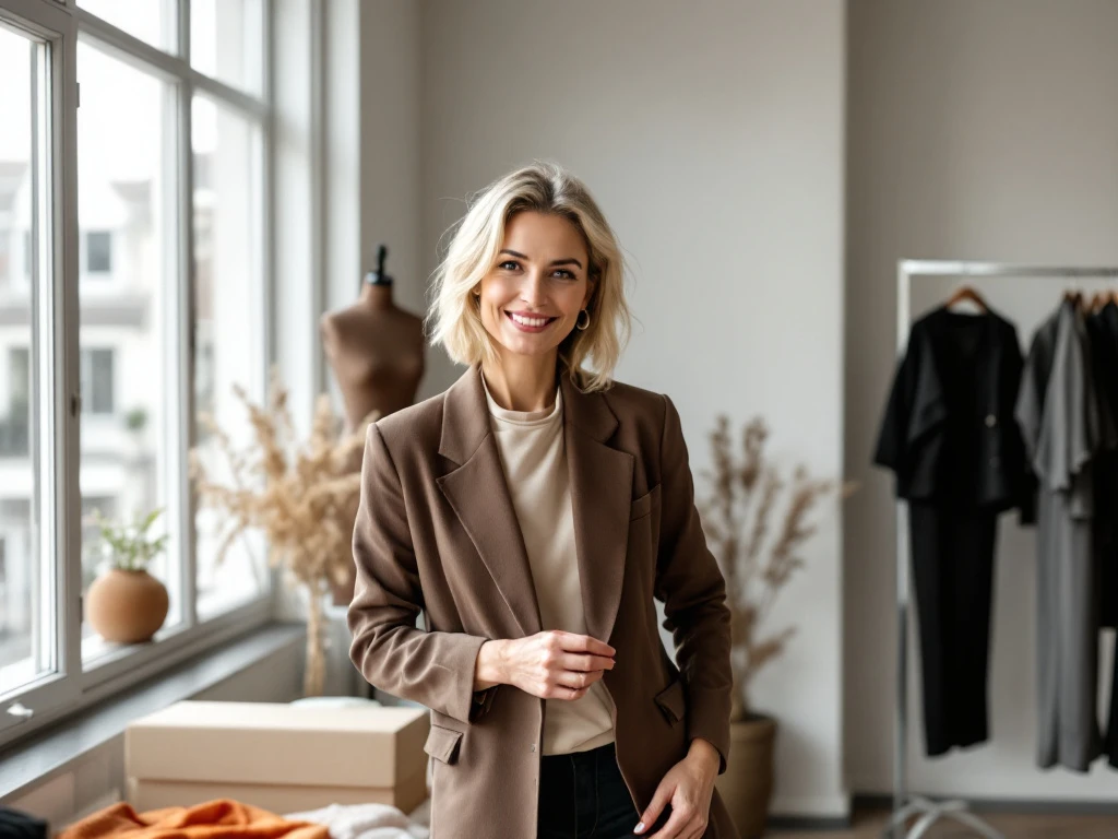 Stijlvolle vrouw combineert items uit House of Einstein-kledingbox met haar garderobe in lichte loft, terwijl ze efficiënt outfits plant voor de week.