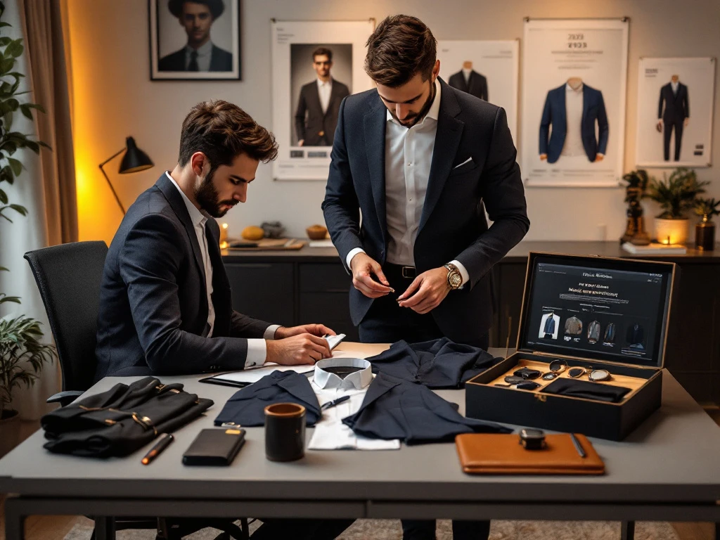 Persoonlijke stylist en cliënt bekijken zakelijke casual kleding uit een House of Einstein styling box in een stijlvol thuiskantoor met warme verlichting.