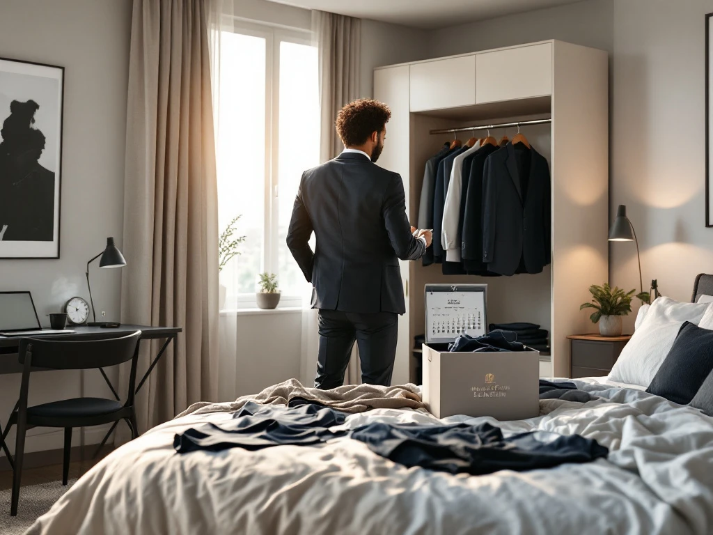 Diverse professional in zakelijke kleding bekijkt House of Einstein kledingbox terwijl gecoördineerde outfits op bed liggen in stijlvolle slaapkamer bij ochtendlicht.