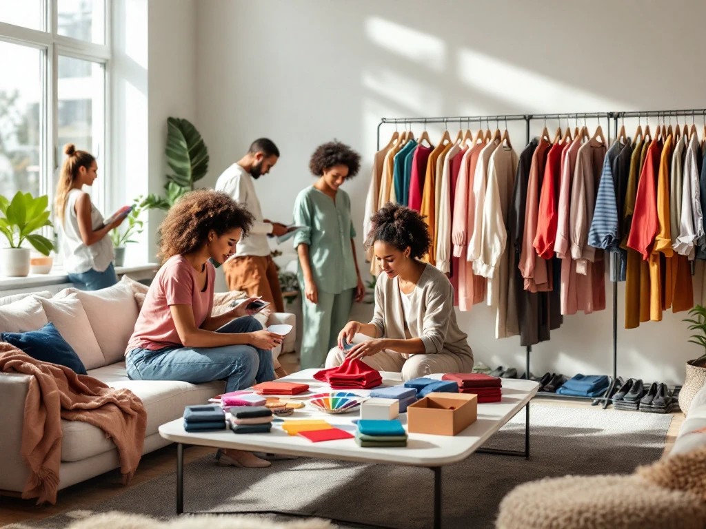 Stylist arrangeert kleurrijke kleding in lichte woonkamer waar diverse personen persoonlijk stijladvies krijgen met kleurcoördinatie en garderobe-transformatie.