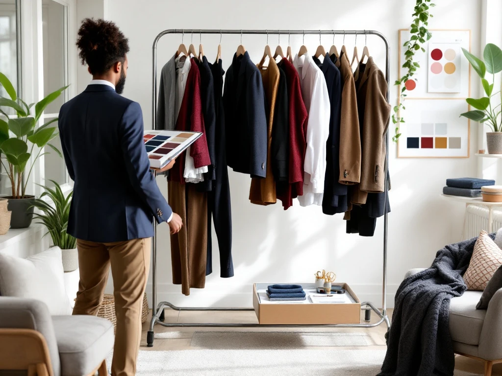 Persoon selecteert zakelijke kleding uit House of Einstein box in lichte boutique met kleurenwiel en stijlvol kledingrek.