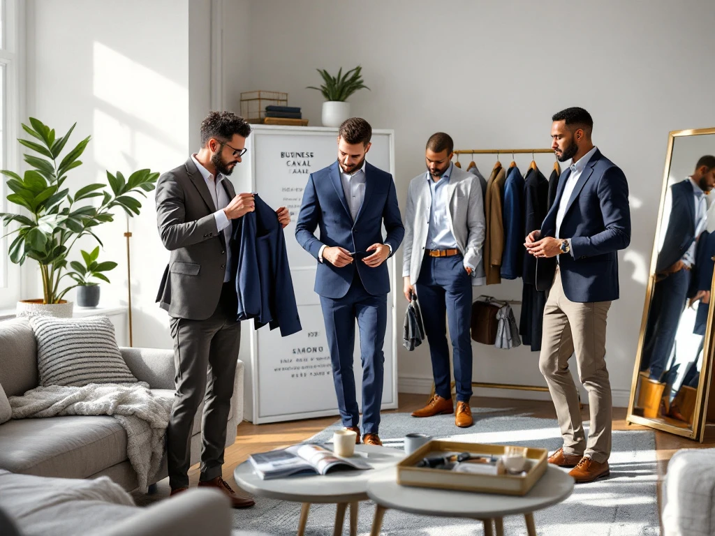 Drie professionals selecteren stijlvolle business casual kleding in een moderne woonkamer met warme verlichting en elegant meubilair.