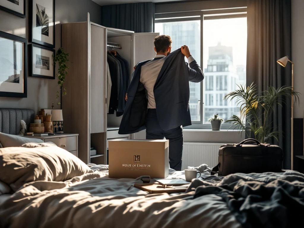 Zakenman kiest een House of Einstein blazer uit kledingbox in stijlvol loftappartement, weekendtas klaar voor zakenreis