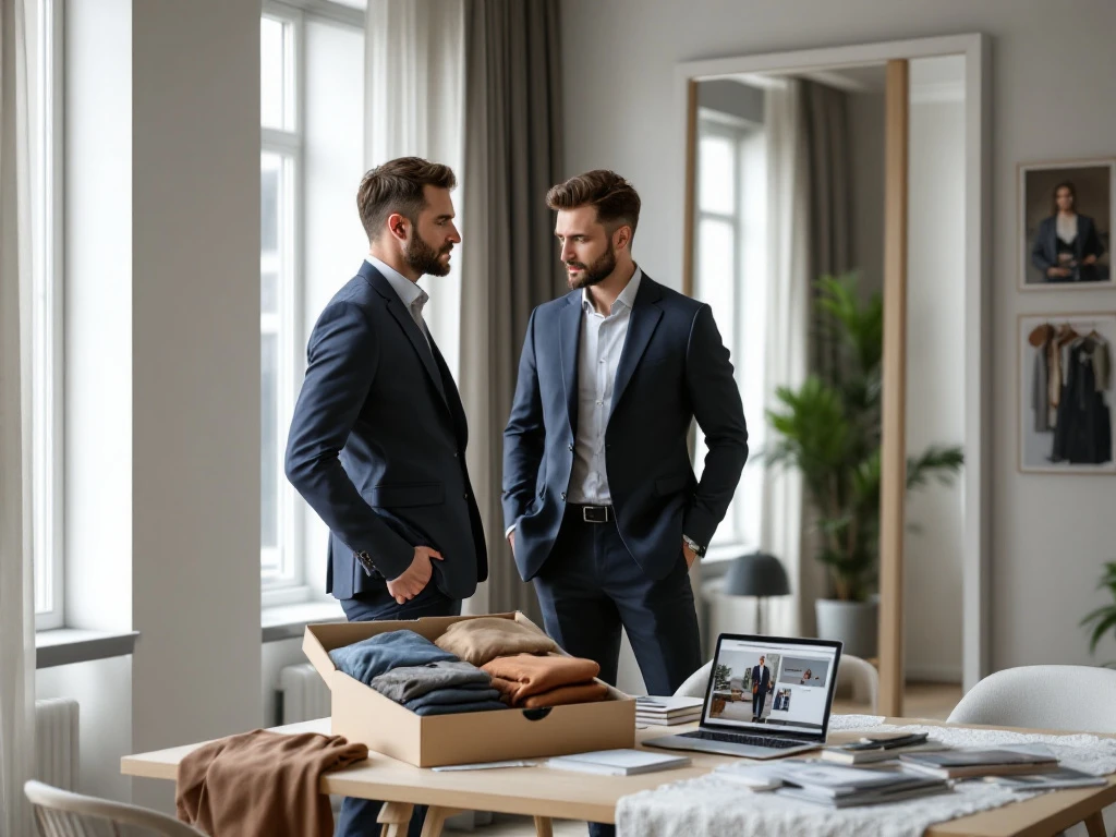 Nederlandse professional beoordeelt marineblauwe blazer van House of Einstein voor spiegel in modern Scandinavisch appartement met natuurlijk licht.