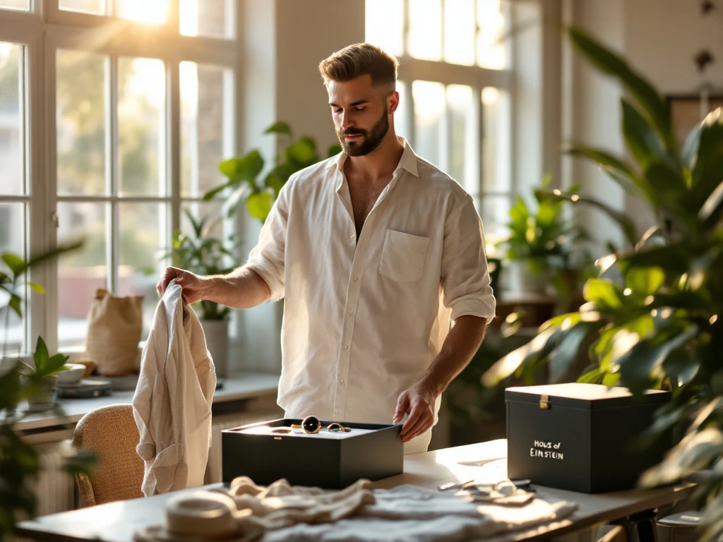 Man bekijkt zomercollectie 2025 van House of Einstein in moderne loft met grote ramen, inclusief linnen overhemd, bermuda en lichte blazer.