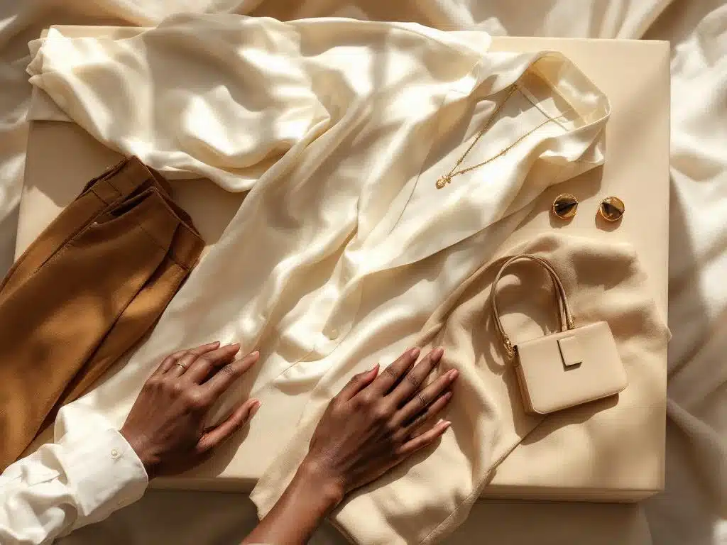 Handen arrangeren elegante brunch outfit met zijden blouse, kameel broek en gouden sieraden op beige ondergrond