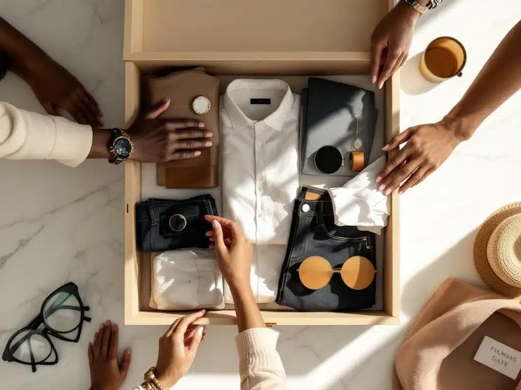 Beige houten stylingbox met eerste date outfit: wit overhemd, donkere jeans en accessoires op marmeren oppervlak