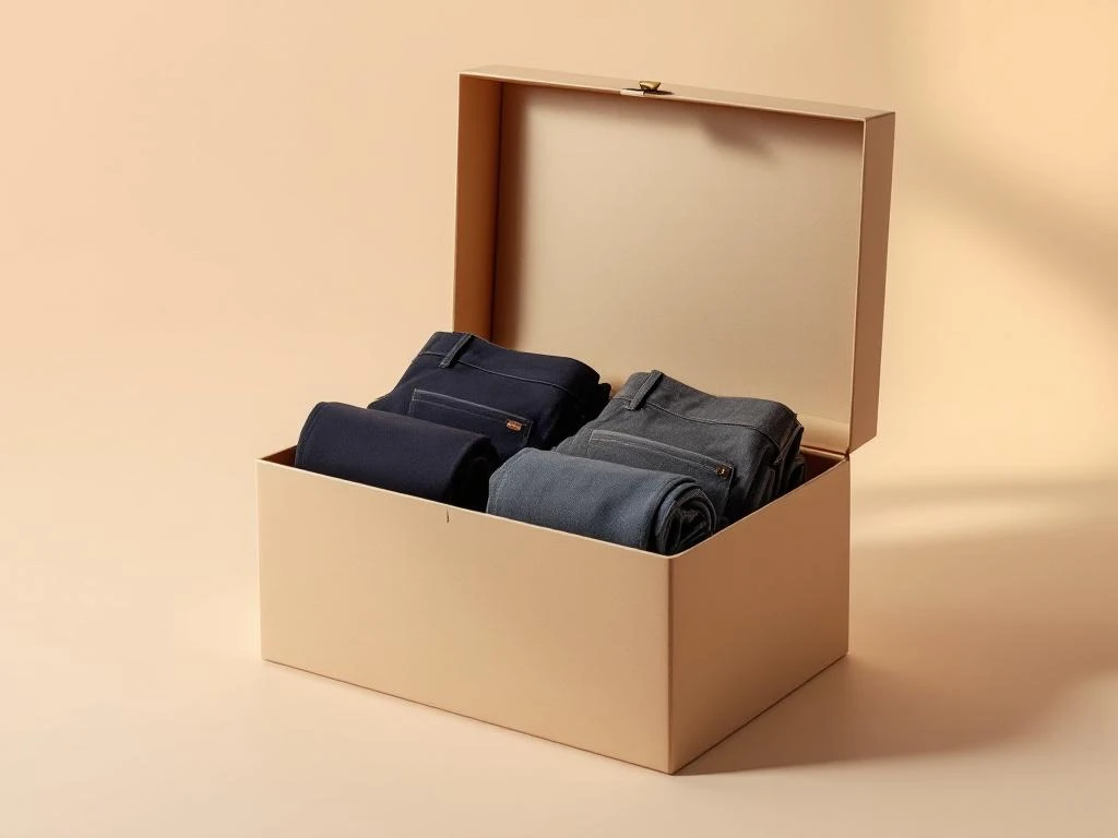 Beige herenkleding box met gevouwen chino's, jeans en pantalons in navy, denim en grijs arranged stijlvol