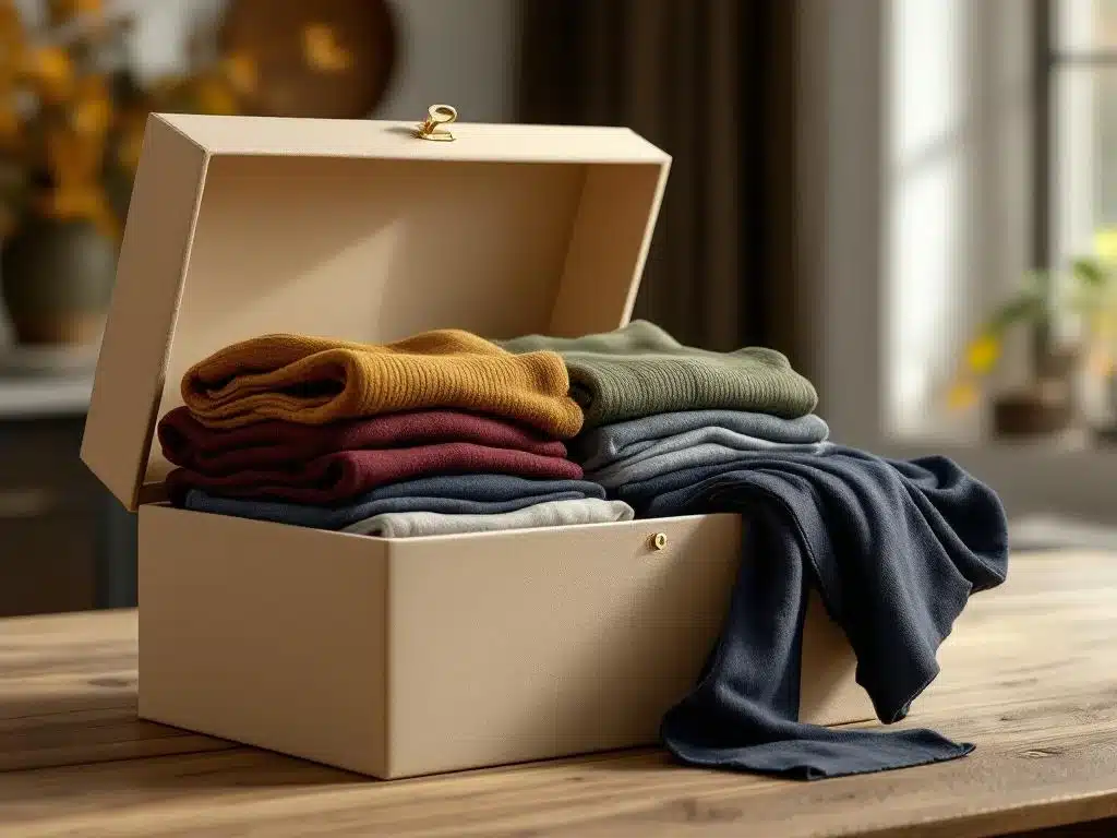 Beige styling box met gevouwen herenkleding in herfstkleurenrood, groen en marineblauw op houten oppervlak