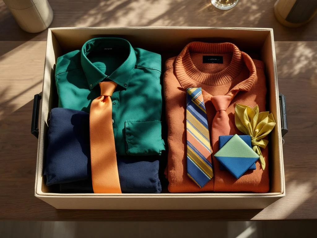 Open beige styling box met herenkleding in 2025 trendkleuren: smaragdgroen, terracotta en marineblauw op houten tafel