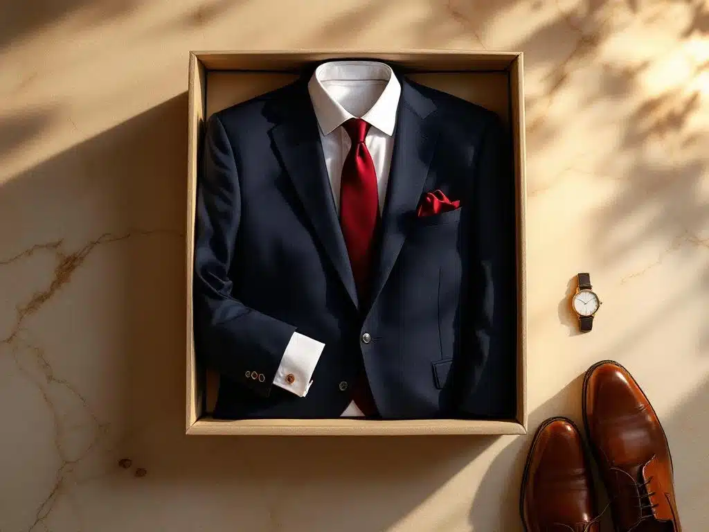 Beige stylingsbox met navy pak, wit overhemd, bordeaux stropdas en bruine schoenen op marmeren oppervlak