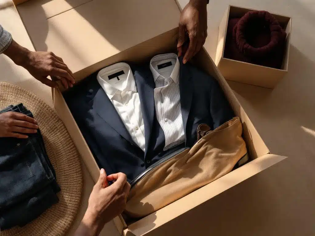 Open styling box met herenkleding: wit overhemd, marine blazer, leren schoenen, diverse handen selecteren kleding