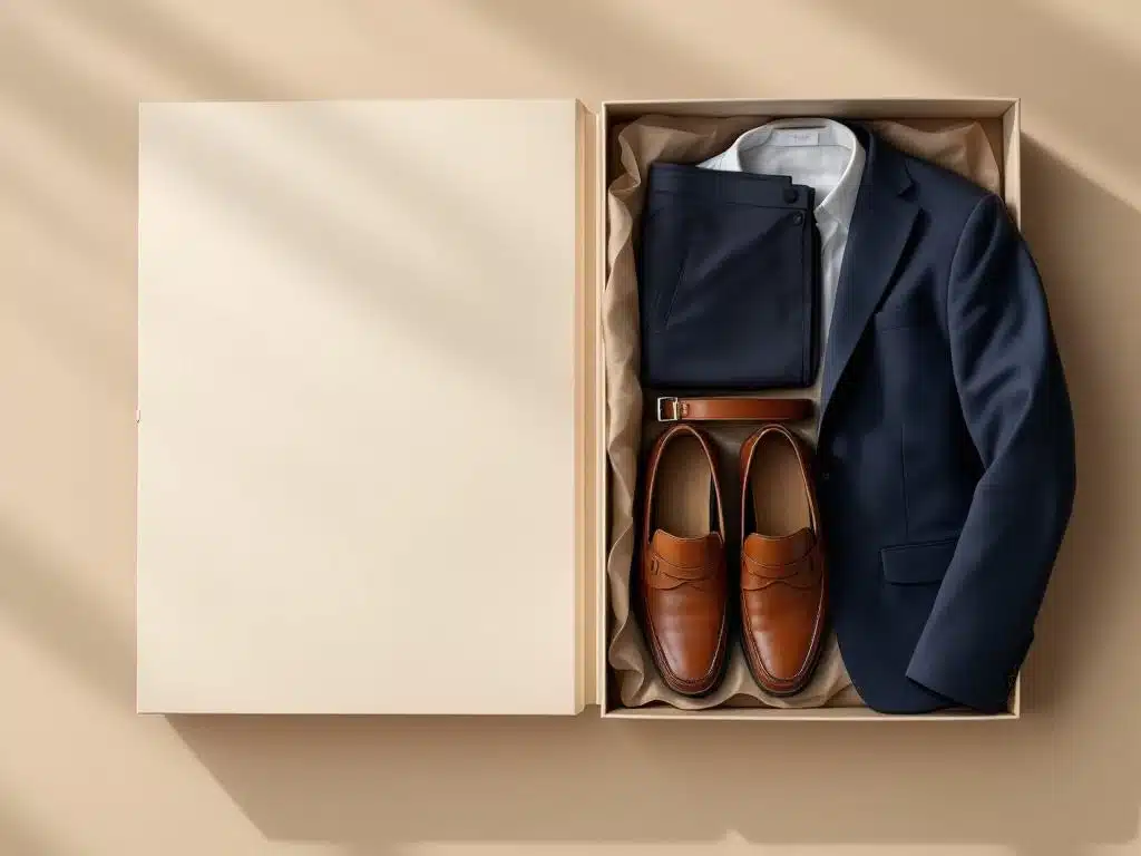 Beige herenkleding styling box met wit overhemd, donkere chino, blazer, leren schoenen en riem in luxe presentatie