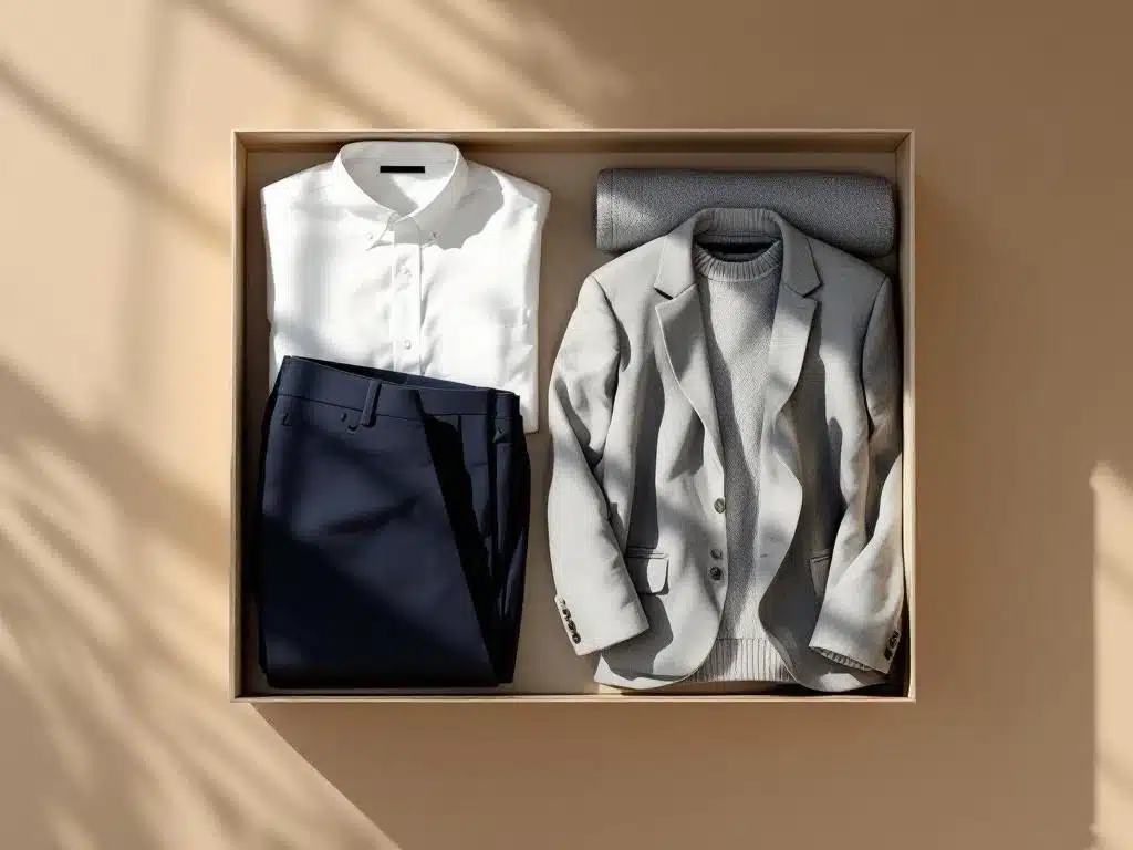 Beige kledingbox met smart casual herenkleding: wit overhemd, navy chino, grijze blazer, bruine loafers en trui