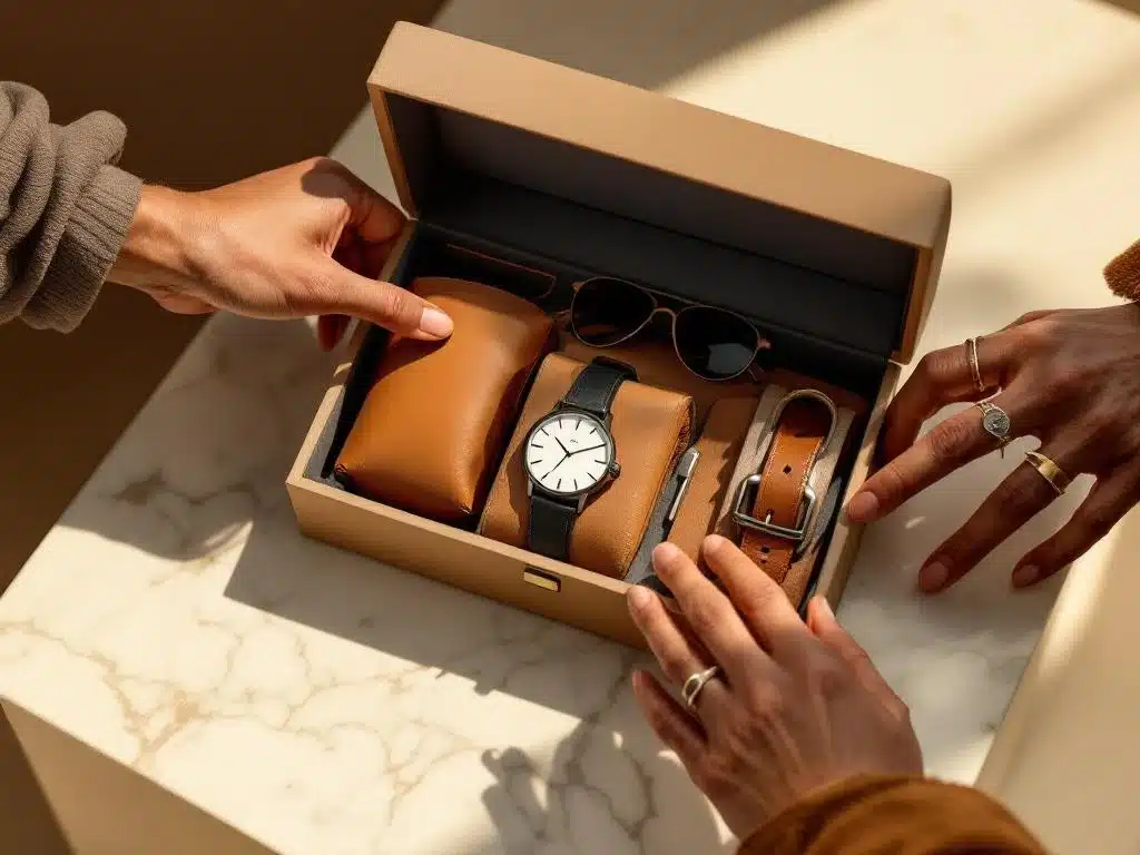 Open beige herenmode accessoire box op marmer met horloge, riem, zonnebril en sieraden, diverse handen selecteren items