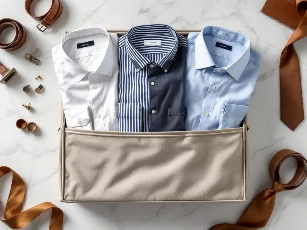 Beige styling box met diverse herenoverhemden in wit, blauw en grijs, omringd door accessoires op marmeren oppervlak