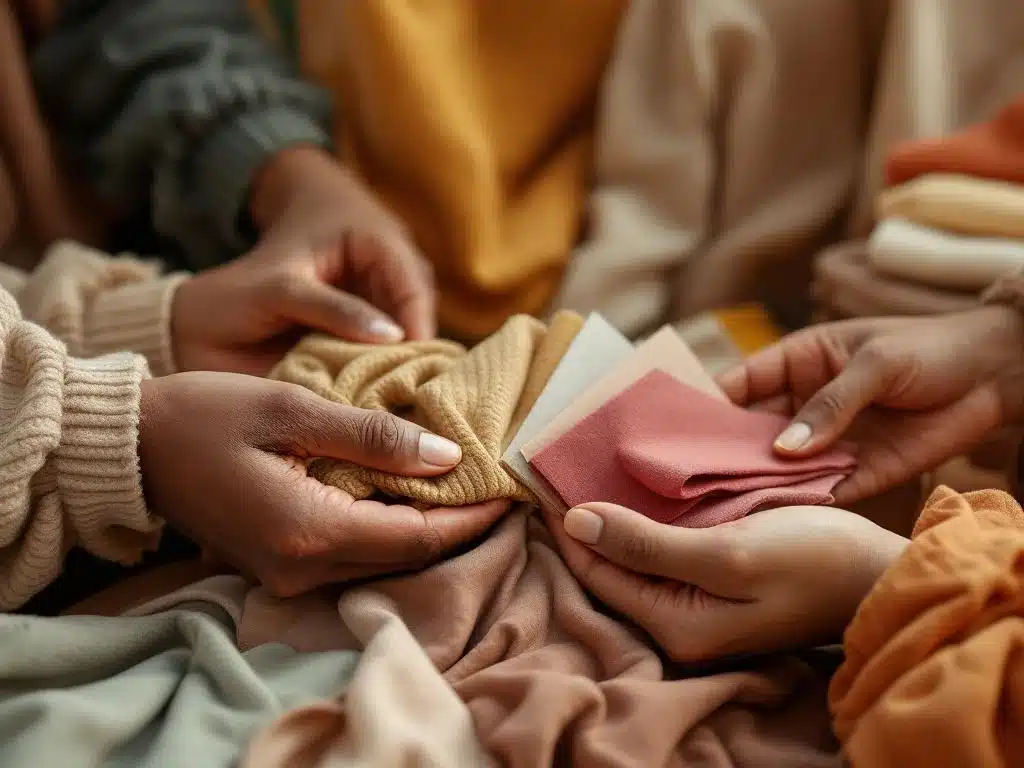Diverse handen onderzoeken kleding en stoffen tijdens het winkelen, met gebreide trui en kleurrijke staaljes