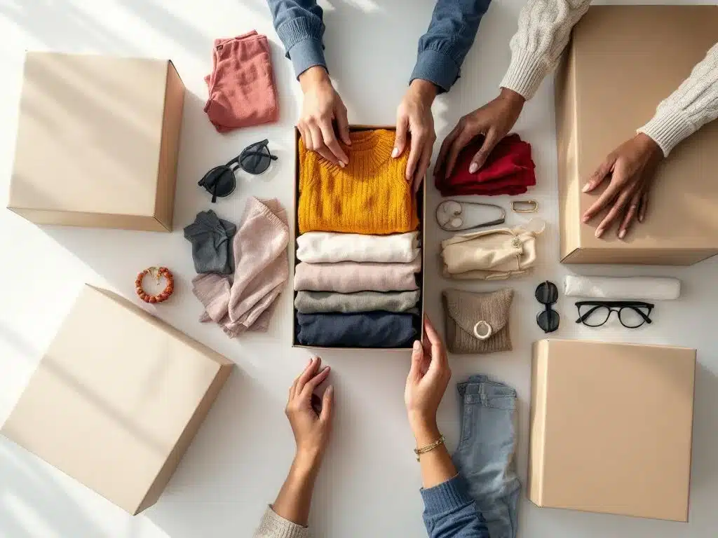 Diverse handen arrangeren kleurrijke kleding uit beige dozen op witte ondergrond, styling en outfit combinaties