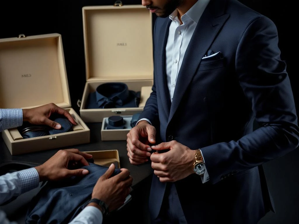 Man in donkerblauw maatpak naast beige stylingboxen met luxe herenkleding, diverse handen arrangeren zijden dassen