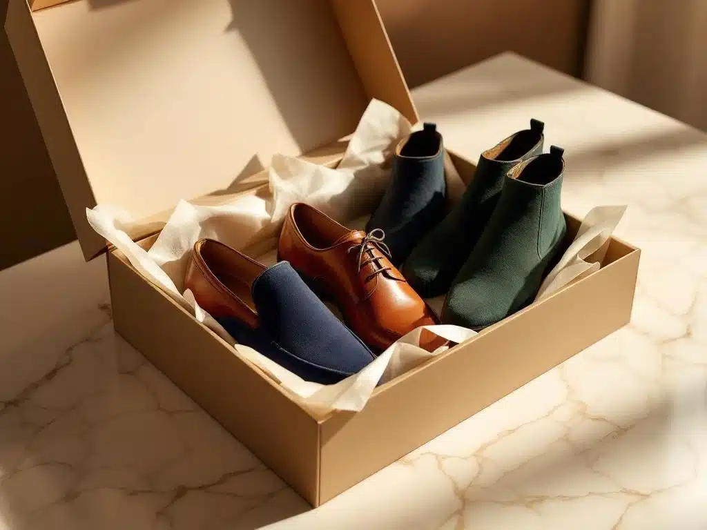 Luxe herenschoenen collectie in beige stylingbox op marmer: cognac Oxfords, navy loafers en groene Chelsea boots
