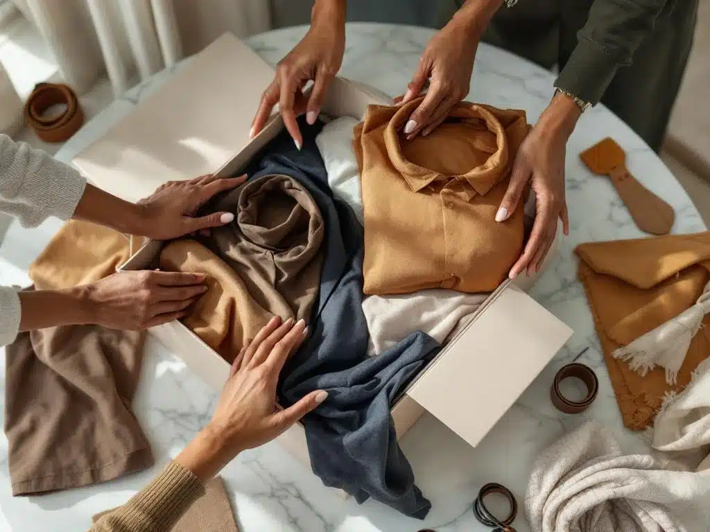 Beige luxe modedoos met zijden blouses, kasjmier truien en accessoires, diverse handen rangschikken premium kleding