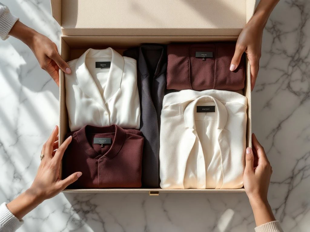 Open beige stylingbox op marmer met luxe kleding in zijde en kasjmier, diverse handen arrangeren kledingstukken