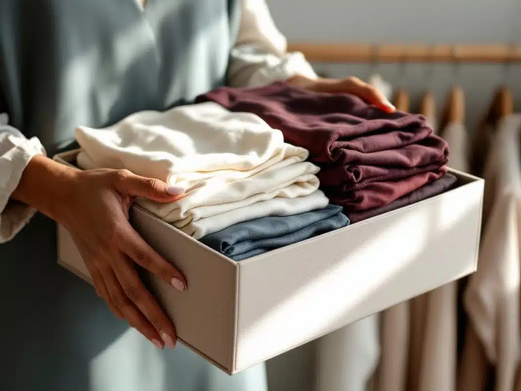 Handen houden luxe beige stylingbox met premium kleding zoals zijden blouses en kasjmier truien in elegante kleuren